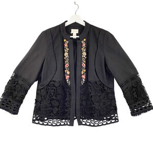 Chicos Women's Open Front Jacket 2P/LP Black Floral Embroidered Crochet Boho
